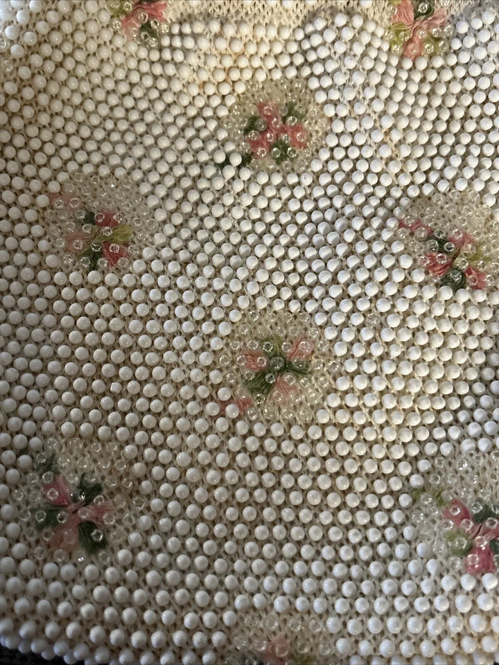 Lumured Corde Beaded Vtg 50s Kiss Drawstring Purse Ivory Floral Embroidered — 第 2/4 张图片