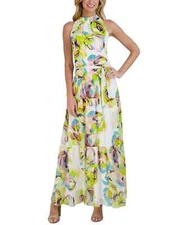 JULIA JORDAN Ivory Floral Print Tiered Chiffon Sash Tie Maxi Dress 8 = M ELIZA J