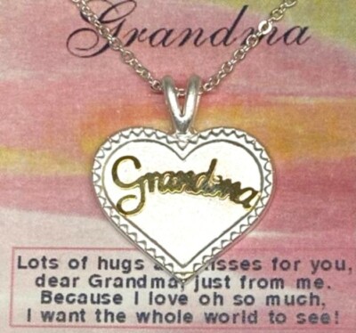 Grandma 18 inch Necklace With GRANDMA Script in Heart Gold & Silver Plated NEW