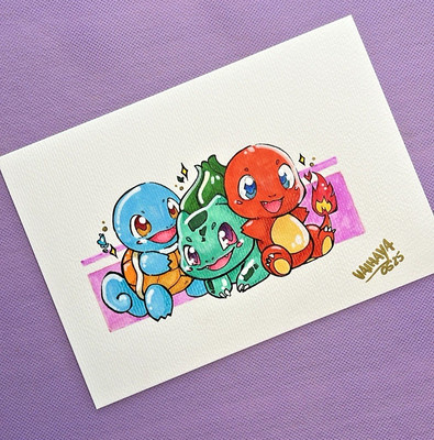 Kanto Starter Fanart | Handgezeichnete Pokémon Chibi Zeichnung | Copic Aquarell