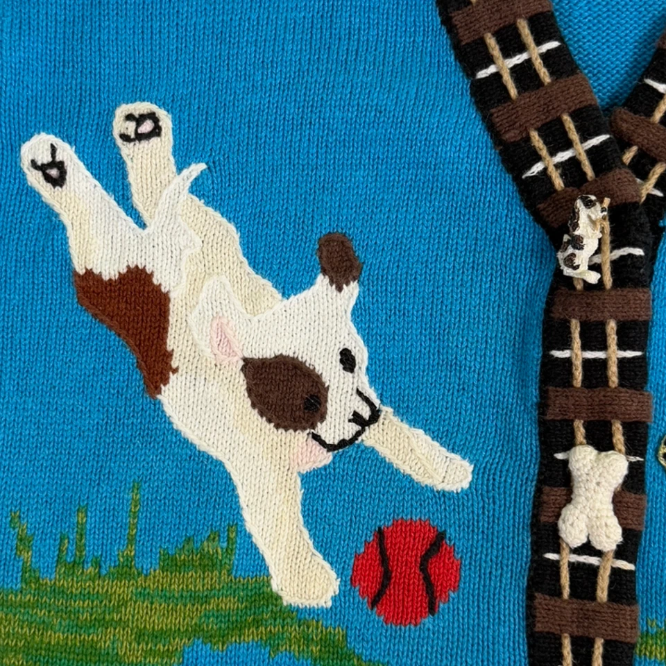 Lindo Suéter Vintage LIBRO DE CUENTOS TEJIDOS Mujer L Bordado Cárdigan Perro Cachorro Años 90 Foto 2 de 4