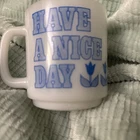 Vintage Glasbake Milk Glass Mug Blue White "HAVE A NICE DAY"