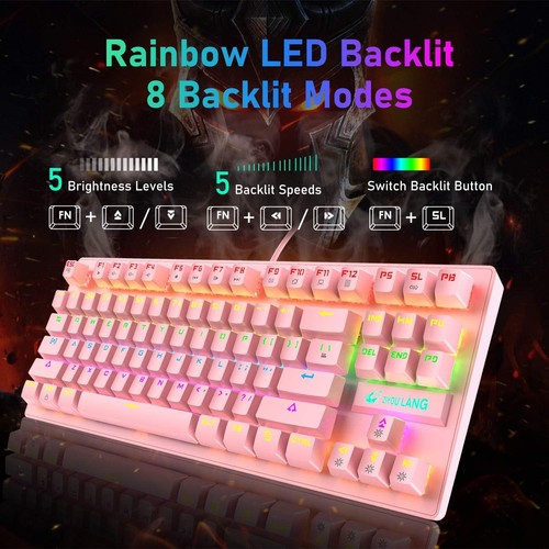 AJAZZ AK33 Pink Gaming Mechanical Keyboard Rainbow Backlit 82 Keys Illuminated - Picture 16 of 22