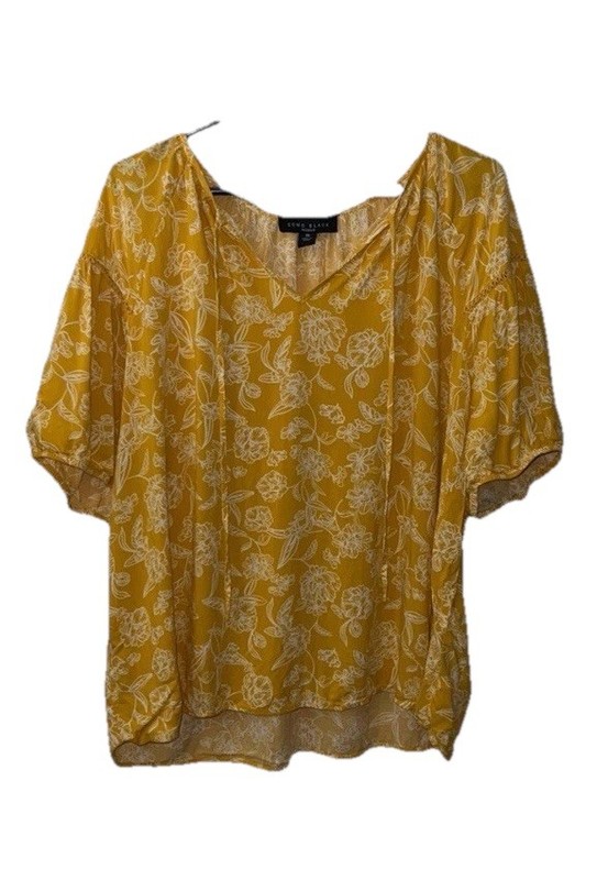 Como Black Women’s Yellow Floral V-Neck Tassel Blouse Size 3X