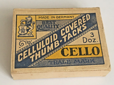 CELLULIOD COVERED THUMB TACKS GERMANY PAPER BOX SOME PRODUCT GREAT CONDITION