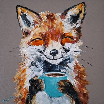 Ölgemälde von Fuchs genießt eine Tasse Kaffee, Tierwelt Originalgemälde, 6x6''