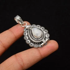 Rainbow Moonstone Gemstone 925 Sterling Silver Handmade Jewelry Pendant 1.85"