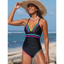 Popvil Black One Piece Swimsuit XL Neon Trim Ruched Tummy Control Padded