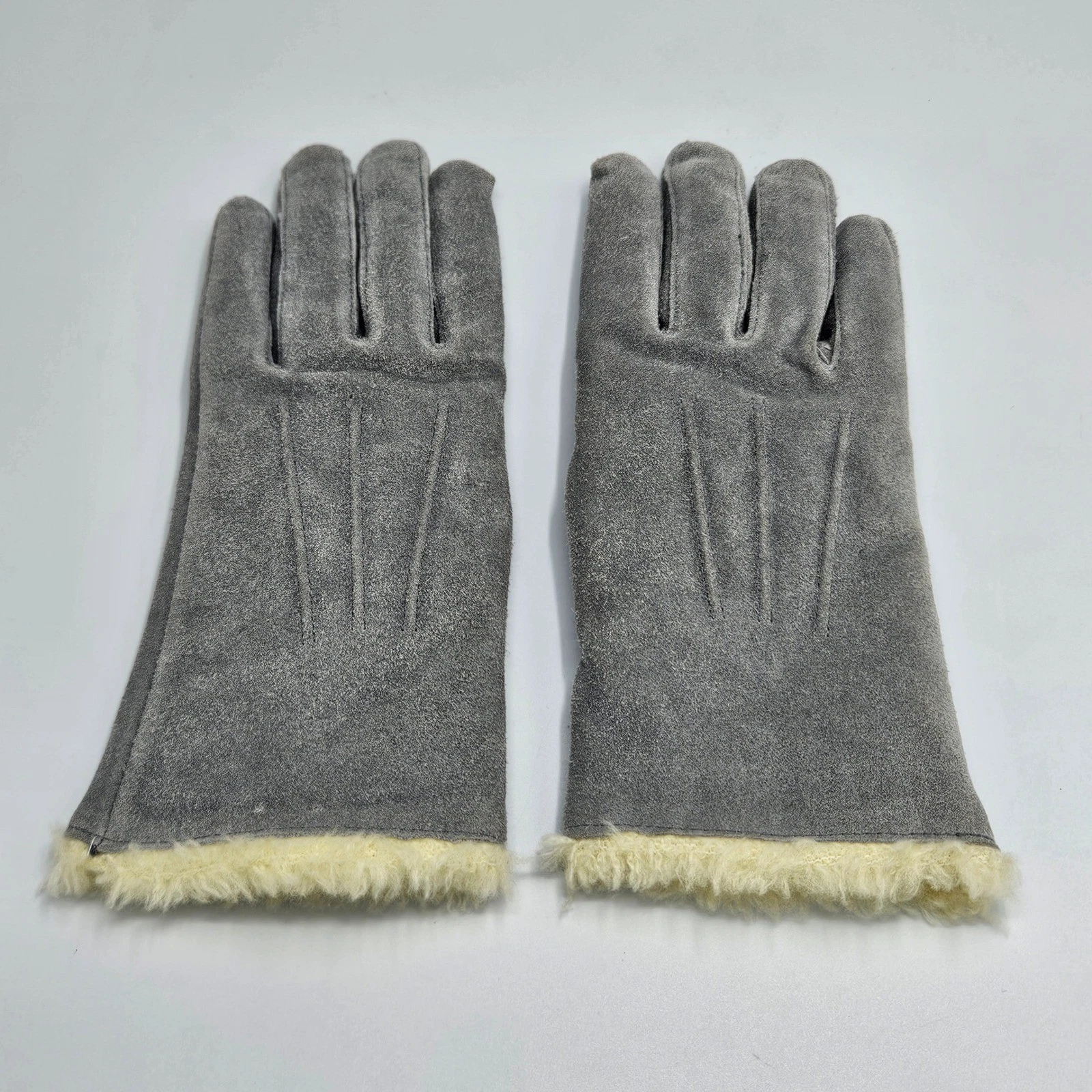 Vintage Grey Suede Leather Gloves Women Small Medium Faux Fur Lined Winter