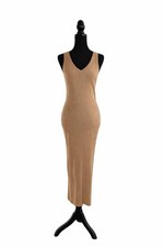 Forever 21 Ribbed Knit V-Neck Midi Dress Sleeveless Bodycon Beige Size L Women’s