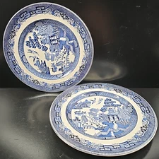 2 Johnson Brothers Willow Blue 9.75" Dinner Plates Set Vintage Asian England Lot