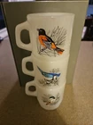 3 VNTG Anchor Hocking Milk Glass Bird Mugs Cardinal Oriole Blue Jay # 45, 70, 61