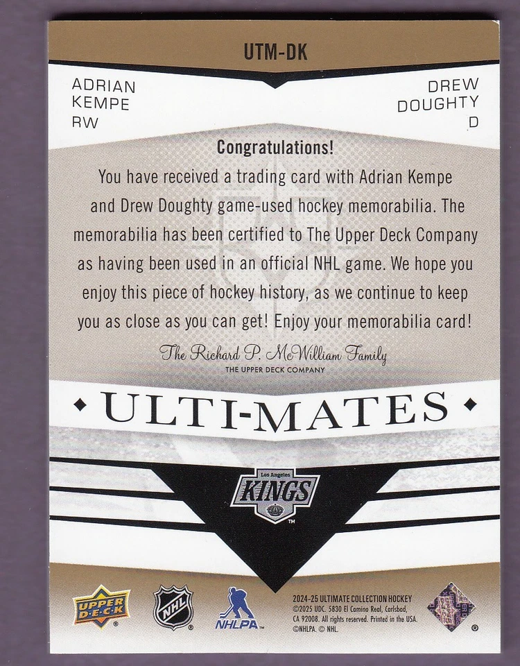 2024-25 UD Ultimate Collection KEMPE DOUGHTY Dual Gold LOGO PATCH LA KINGS - Image 2 of 2