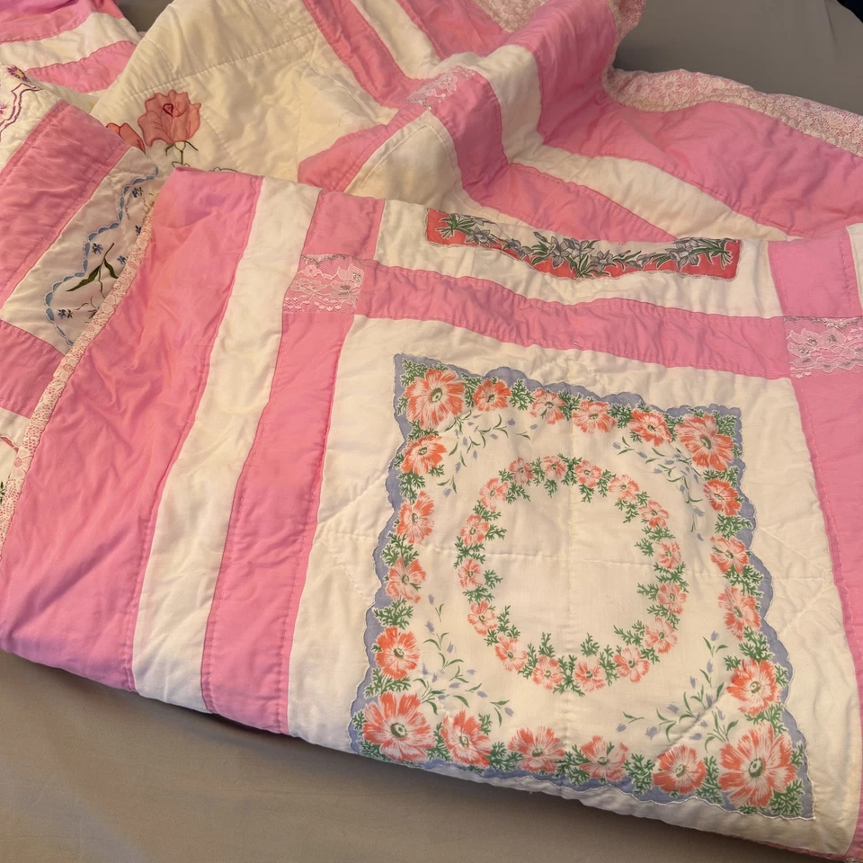 Винтажный ручной работы лоскутное одеяло розовый цветочный носовые платки полный покрывало кружевная отделка - Изображение 3 из 4
