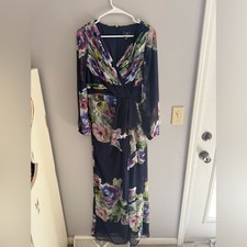Adriana Papell Women’s Sheer Long Sleeve Floral Chiffon Maxi Dress Gown SZ 6