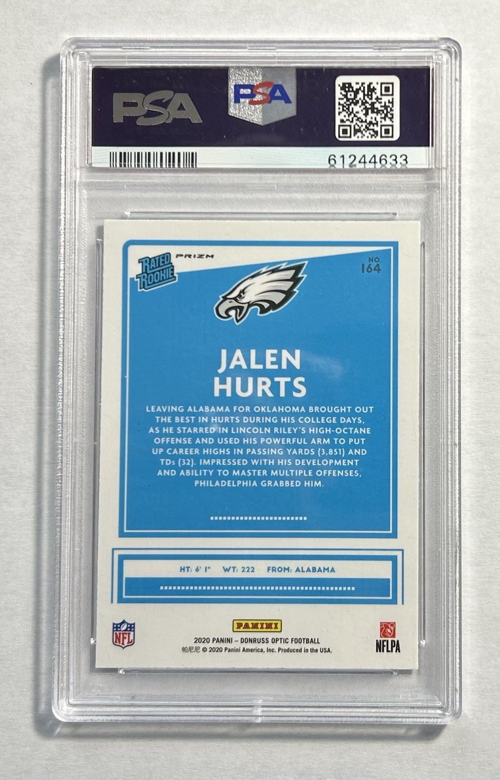 2020 DONRUSS OPTIC JALEN HURTS HOLO PRIZM RATED ROOKIE PSA 9 view 2