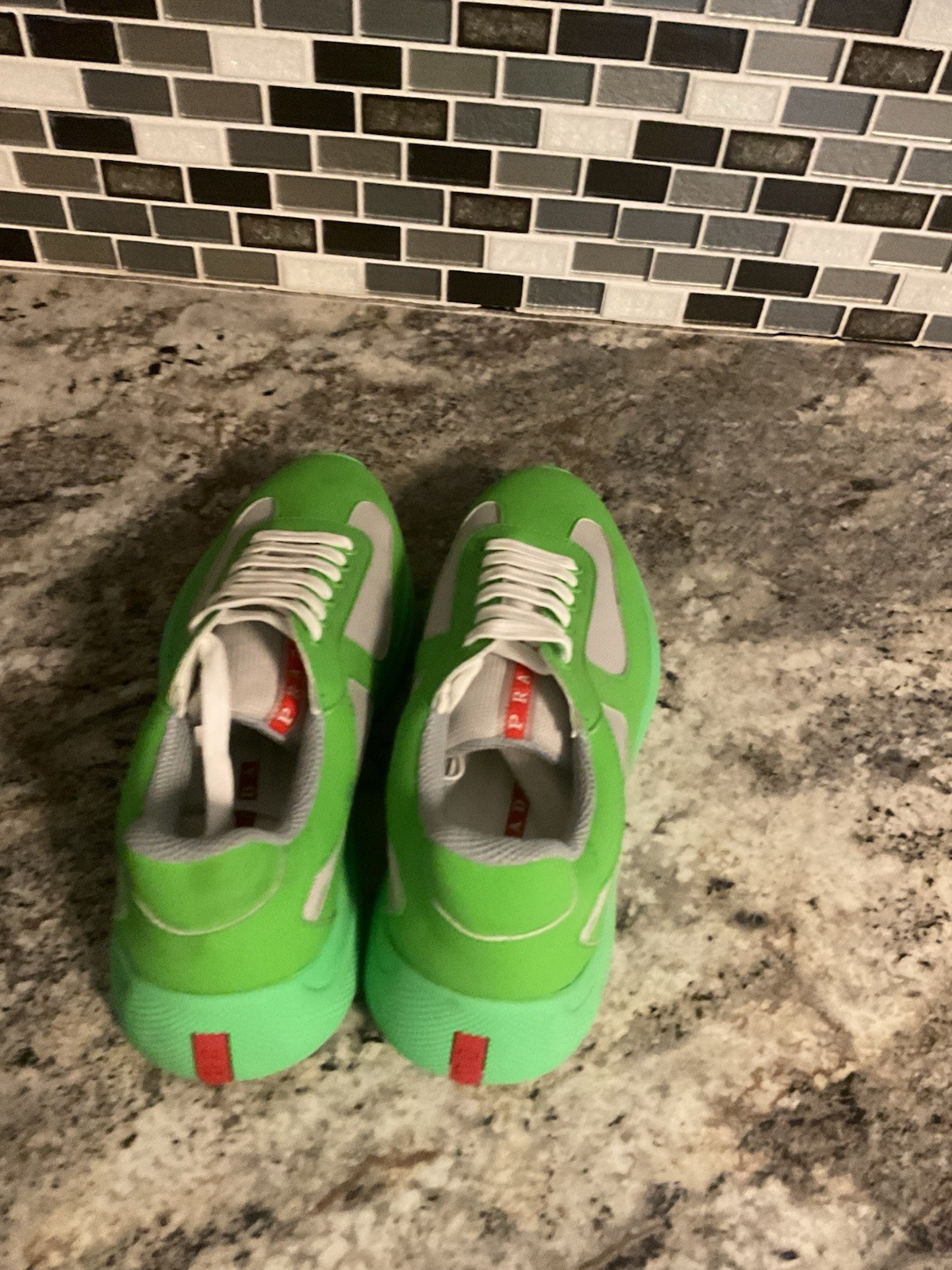 PRADA Men's Green White Gray Athletic Sneakers with Red Heel Accent thumbnail 3