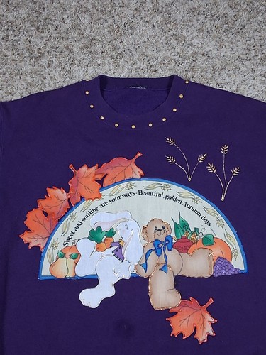 VTG 90s Womens Autumn Fall Bear Bunny Pumpkin Crewneck Grandma Core Sweatshirt L - Picture 4 of 7