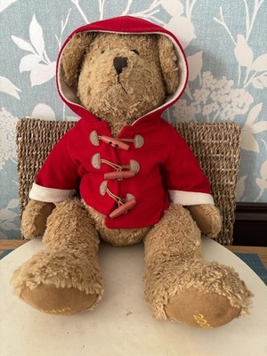 John Lewis 2009 brauner Teddybär weiches Plüschtier 15 Zoll groß roter Dufflecoat
