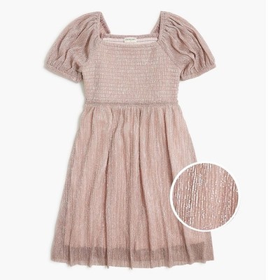 NEW Crewcuts Shimmer Puff Slv Smocked Dress Pink Metallic 12 Party Wedding NYE