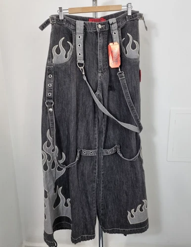 Tripp NYC Flame dark Street Black Denim Trousers D-rings Buckles Size Small BNWT
