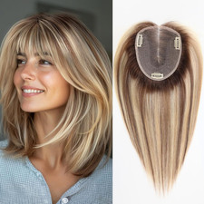 14" Human Hair Toppers for Women, 60g, Ash Blonde/Brown with Bangs