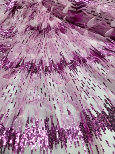 Pink Lace Embroidery Sequin Feathers Mesh Fabric by The Yard Prom Dress Fashion - Picture 10 of 15