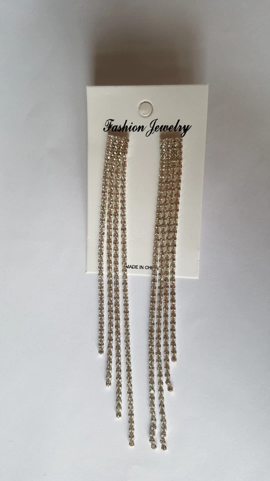 Strass Ohrringe silber glitzernd lang Hochzeit Quaste vier Reihen - Bild 2 von 4