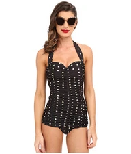 UNIQUE VINTAGE RUCHED MANSFIELD HALTER ONE PIECE SWIMSUIT BLACK XL NEW! $88