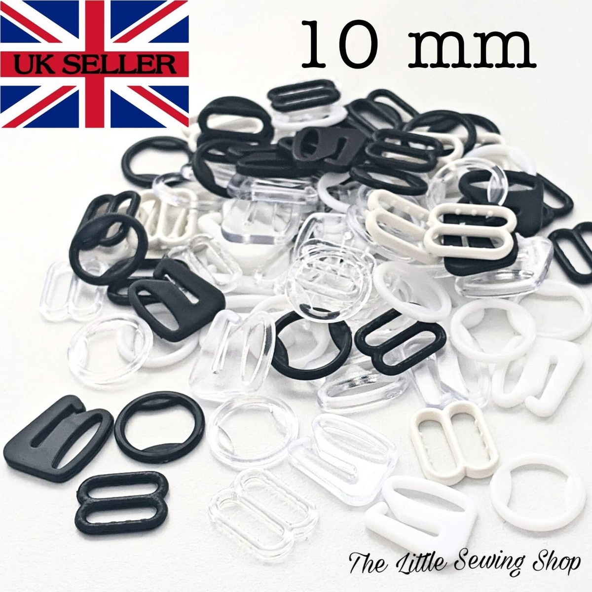 Paquete de 10 diapositivas o anillos de ajuste de correa de sujetador de 10 mm negro blanco o transparente