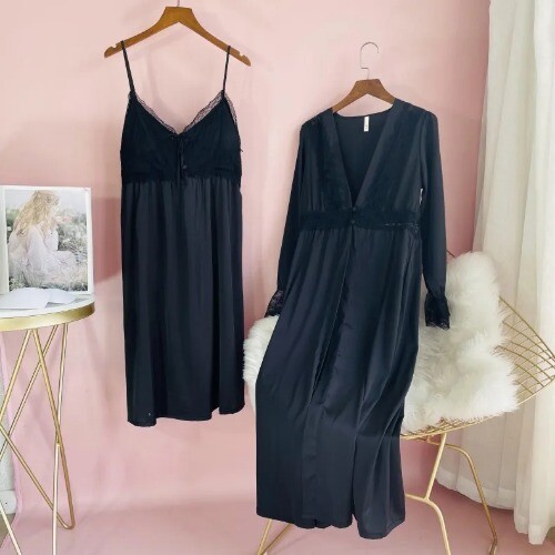 New Female Long Robe Nightgown Set Sexy Lace Trim Sleepwear Satin Dress Bathrobe - Bild 14 von 39
