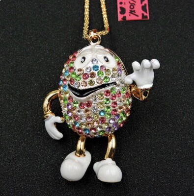 Betsey Johnson Multi Colored Rainbow Rhinestone M&M necklace and pendant￼