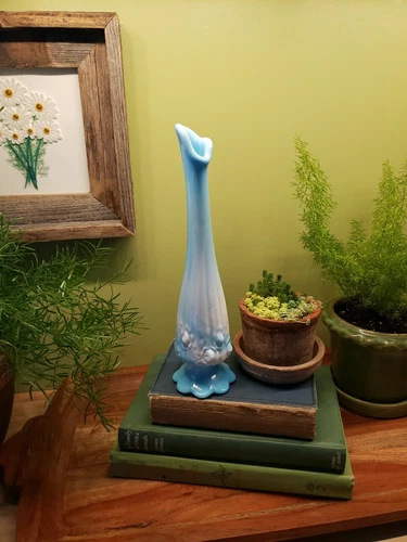 Perfect! Fenton Blue Milk Glass Slag Marble Swirl  Bud Vase Rose