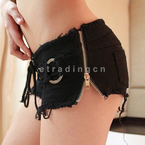 New Women Girl Cord Cross waist Mini Jeans Shorts Pants Trousers Low Waist Rings - Picture 2 of 15