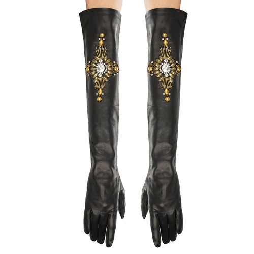 PHILIPP PLEIN Her Majesty Crystals Pearls Leather Long Gloves Black Gold 7.5