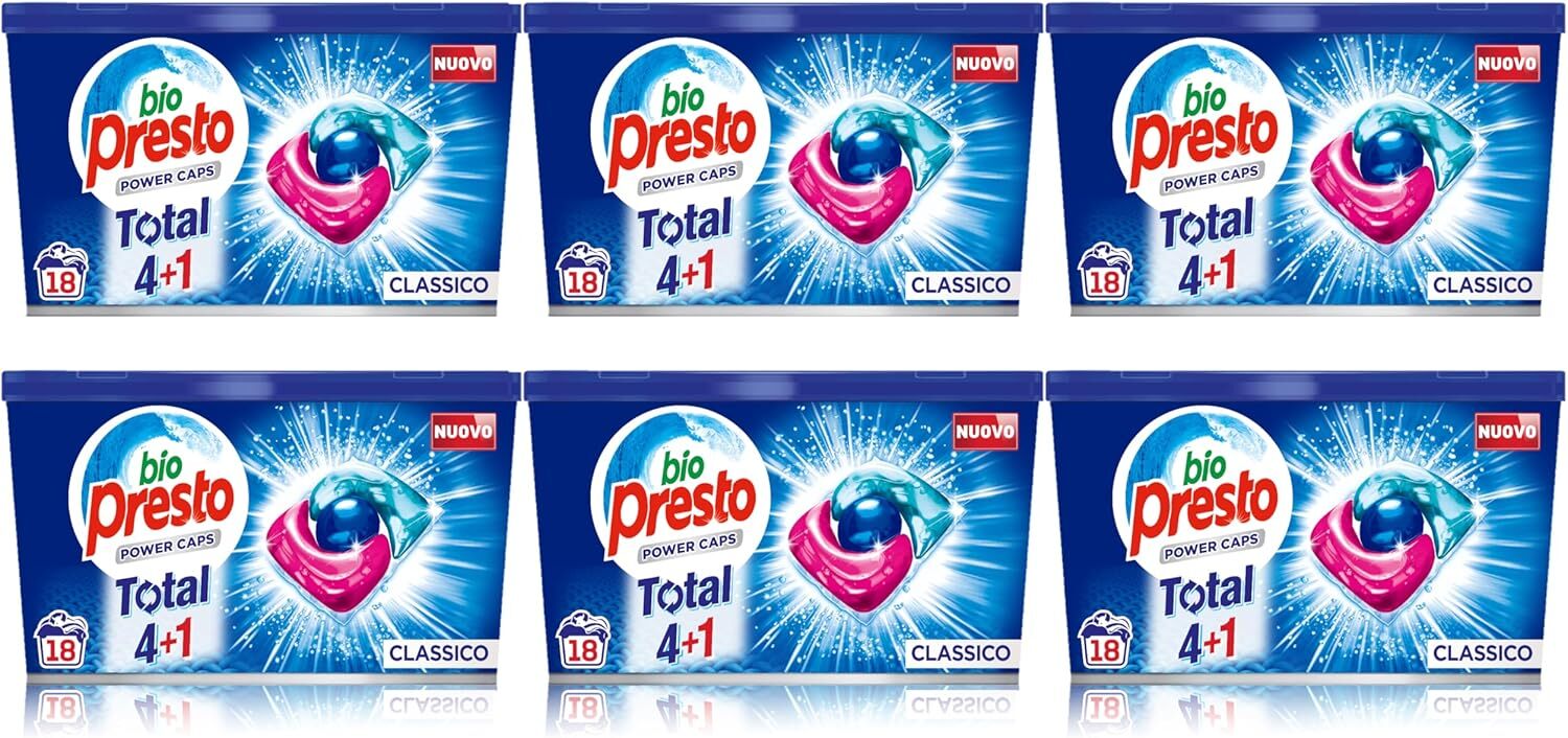 Bio Presto Power Caps Classico, Detersivo Lavatrice, 6 Confezioni da 18 Capsule