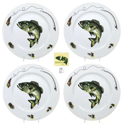 Vintage Department 56 LAKE 10.25" Dinner Plate Set 4 Fly Fishing Porcelain Japan