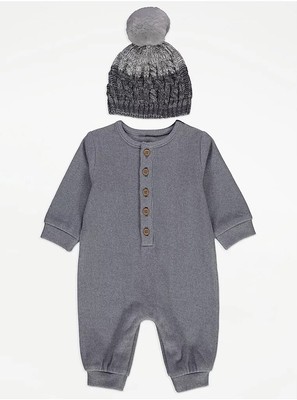 BNWT George Baby Boys Grey Soft Touch All In One & Bobble Hat Outfit 9-12 Months