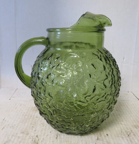 Vintage Anchor Hocking Glass Ball Pitcher Lido Milano Crinkle Avocado Green