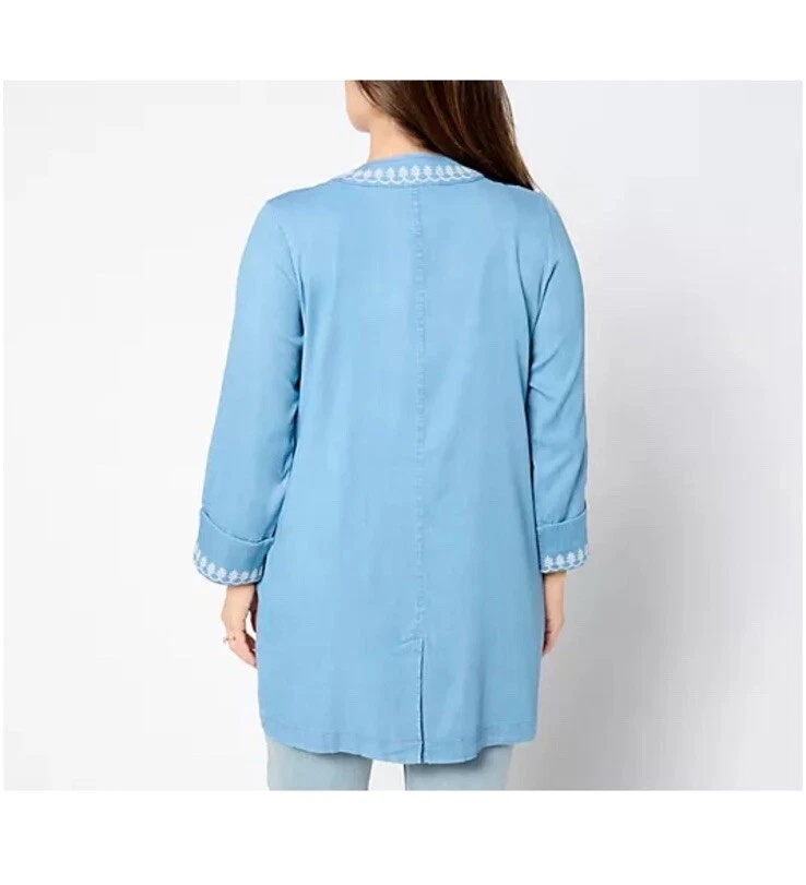 Cárdigan Susan Graver Petite Frente Abierto Cambray Apliques de Encaje Talla XLP Azul Foto 2 de 4