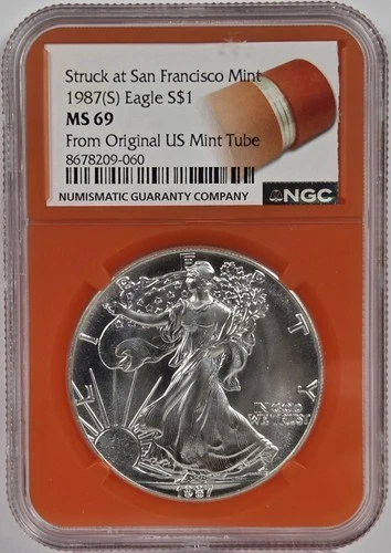 1987 (S) Eagle S$1 MS 69 From US Mint Sealed Box Struck at San Francisco NGC
