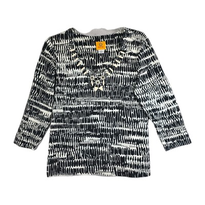 Ruby Rd Womens Multicolor Abstract Stripe Blouse Beaded V Neck 3/4 Sleeve Size S