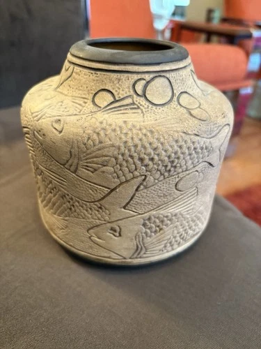 Rare Weller Arts & Crafts Burntwood Swimming Fish Themed Pottery Vase￼