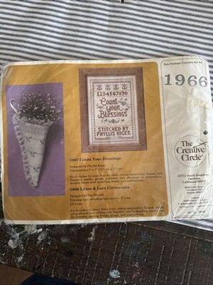 NOS VINTAGE THE CREATIVE CIRCLE EMBROIDERY KIT 1966 LILACS & LACE CORNUCOPIA 