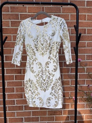 NWT B. Darlin Women's Size 1/2 White and Gold Sequins Long Sleeve Dress