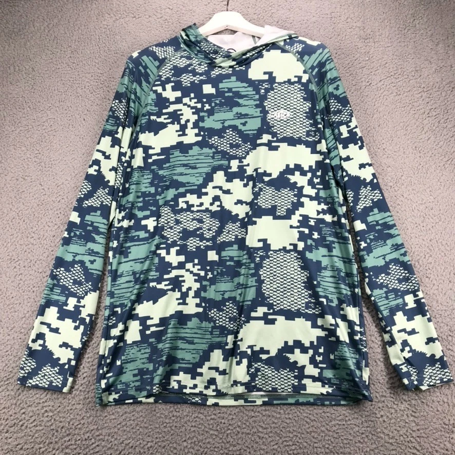 AFTCO 衬衫男式中号战术连帽长袖蓝绿色 Digi 迷彩印花 Aftech — 第 2/4 张图片