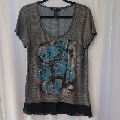 Style & Co Gray Floral Graphic Love Life Short Sleeve Top Black Scarf Trim MED