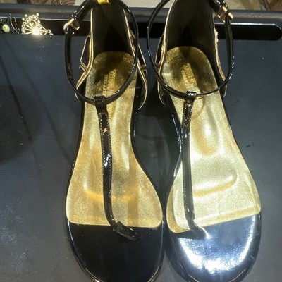 Things II Come Women s Black/Gold Strappy Leather Flat Sandals Ankle Strap 7.5m