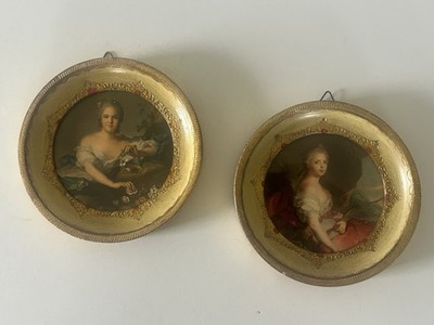 Pair of Mid-Century G.B. Florence Italy Miniature 4 5/8  Round Framed Portraits