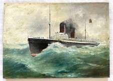 Ancien tableau marine paquebot La Provence mer bateau paysage 1907 peinture hst